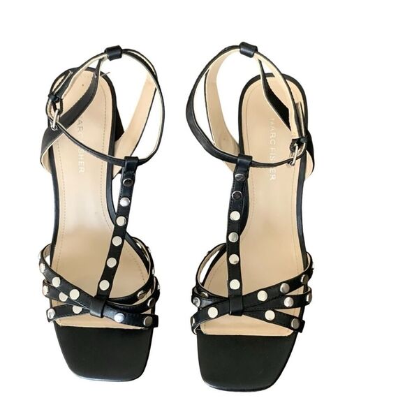 Marc Fisher Quilon Studded Heeled Sandal Women's Block T-Strap Black Size 9 1/2 - Picture 6 of 12